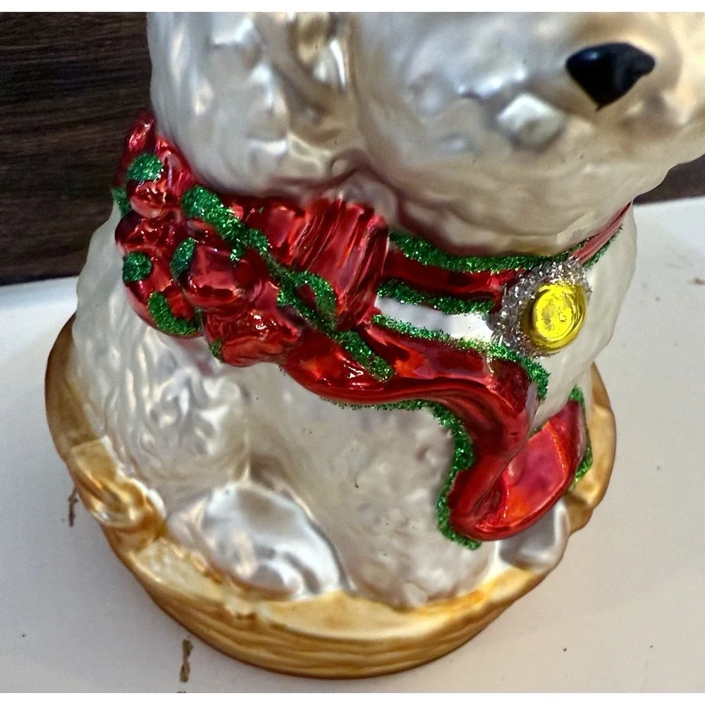AMC Blown Glass Ornament Maltese Bichon Cockapoo White Puppy w Ribbon Basket IOB